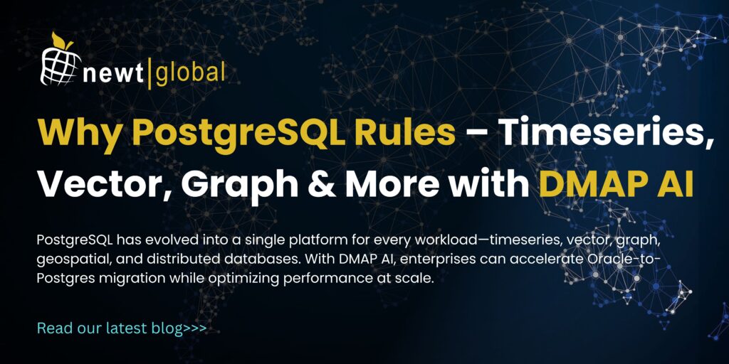 PostgreSQL as a unified database platform with DMAP AI enabling Oracle migration, supporting timeseries, vector, graph, geospatial, and distributed workloads