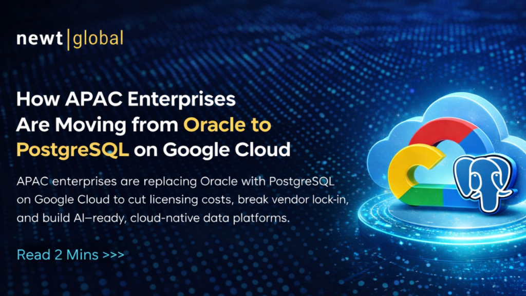 Graphic showing APAC enterprises migrating from Oracle databases to PostgreSQL on Google Cloud to reduce costs, eliminate vendor lock-in, and enable cloud-native, AI-ready data platforms