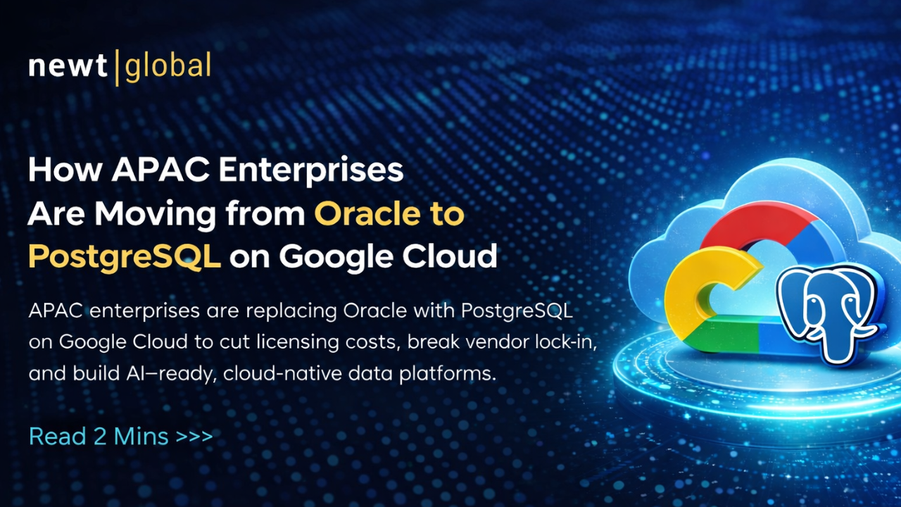 Graphic showing APAC enterprises migrating from Oracle databases to PostgreSQL on Google Cloud to reduce costs, eliminate vendor lock-in, and enable cloud-native, AI-ready data platforms