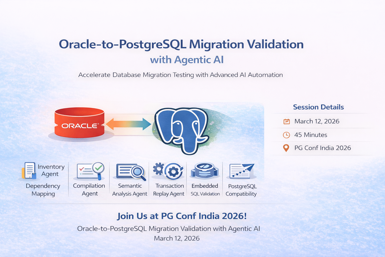 Oracle to PostgreSQL migration, PostgreSQL migration validation, Agentic AI, database migration testing, AI-driven database validation, Oracle database migration, PostgreSQL modernization, database modernization, AI for database migration, Oracle to PostgreSQL testing, PostgreSQL conference India, PG Conf India 2026, enterprise database migration, database automation, migration validation framework, AI agents in database migration, PostgreSQL ecosystem, open source database migration